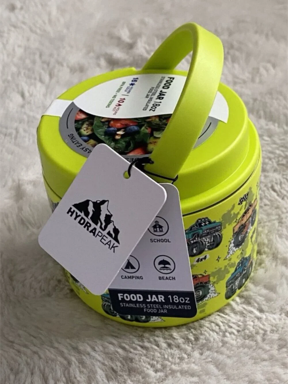 HYDRAPEAK 18 Oz Neon Green Monster Truck Food Jar Insulated Stainless Steel NEW